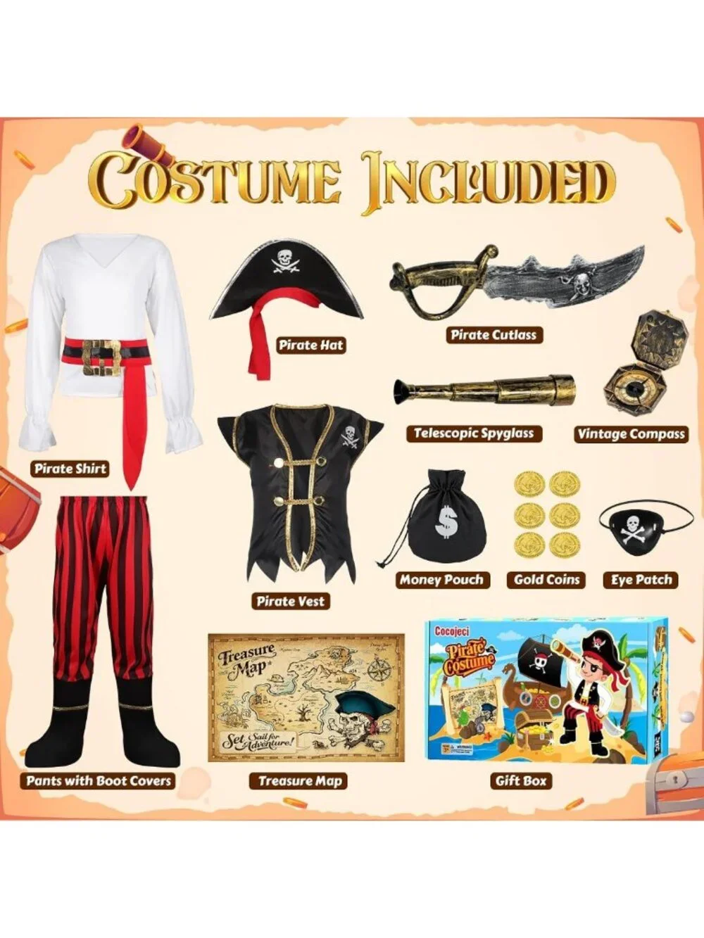 Kids Pirate Costume for Boys - Halloween Dress Up, Toddler Role Play Outfit